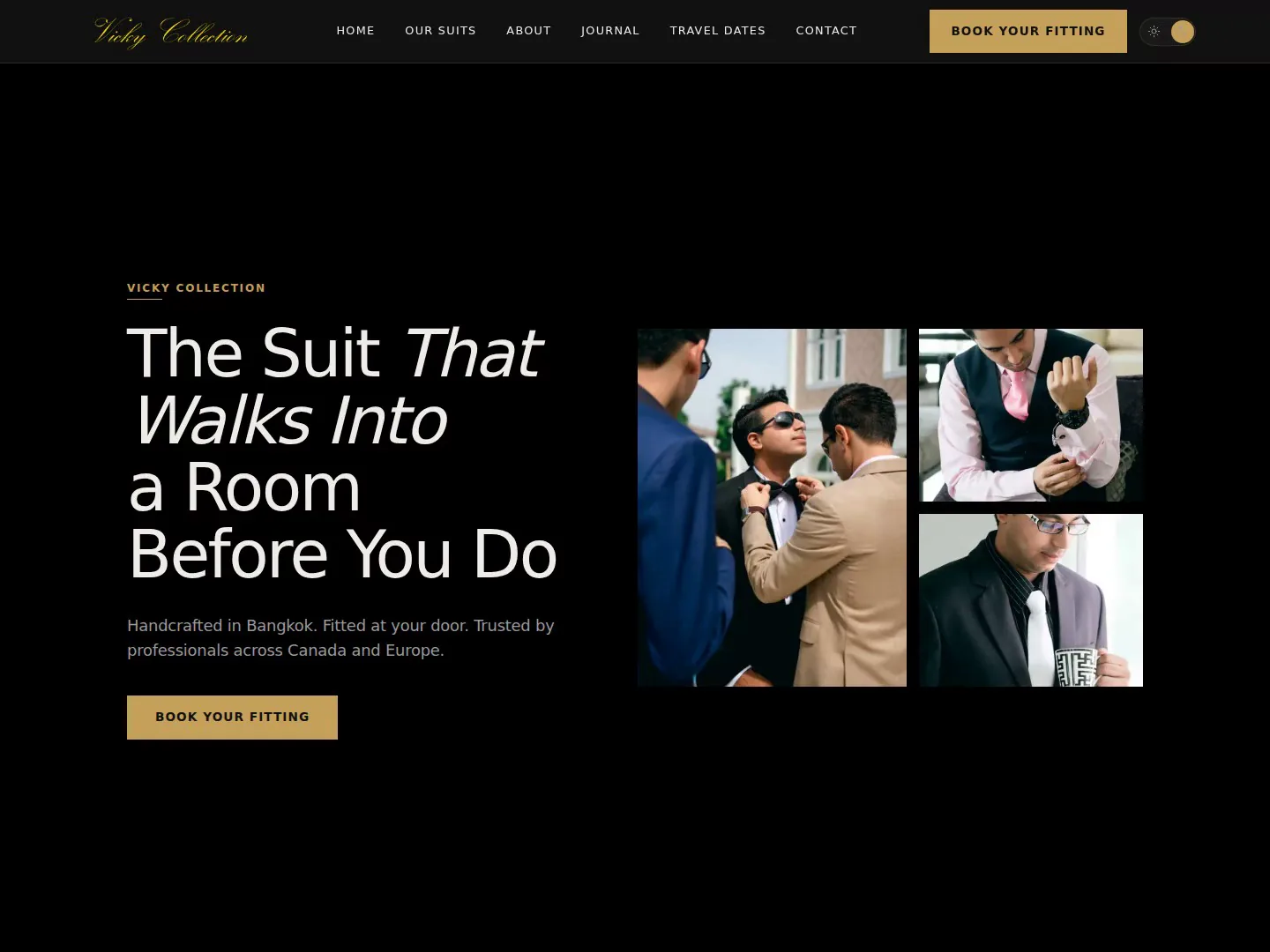 Vicky Collection bespoke suits website homepage